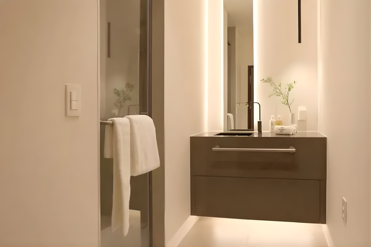 Elegant vanity area for relaxation and preparation at THE FORET SPA.