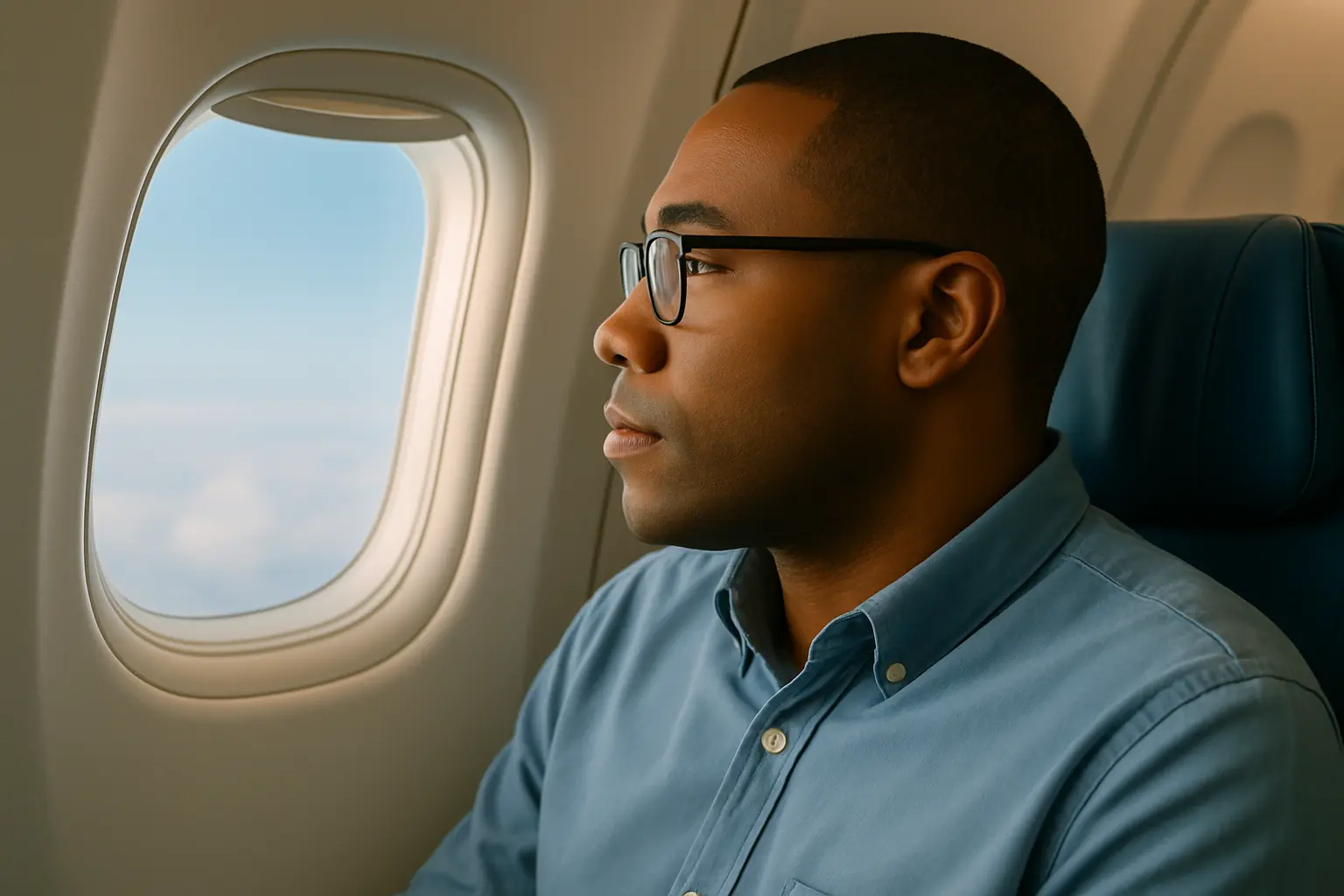 측면 구도의 한국행 비행기를 탄 40대 흑인 미국인 남성