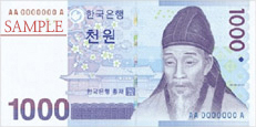 An image of the ₩1,000 Korean Won bill, a common currency denomination in South Korea, with design elements representing Korean culture.