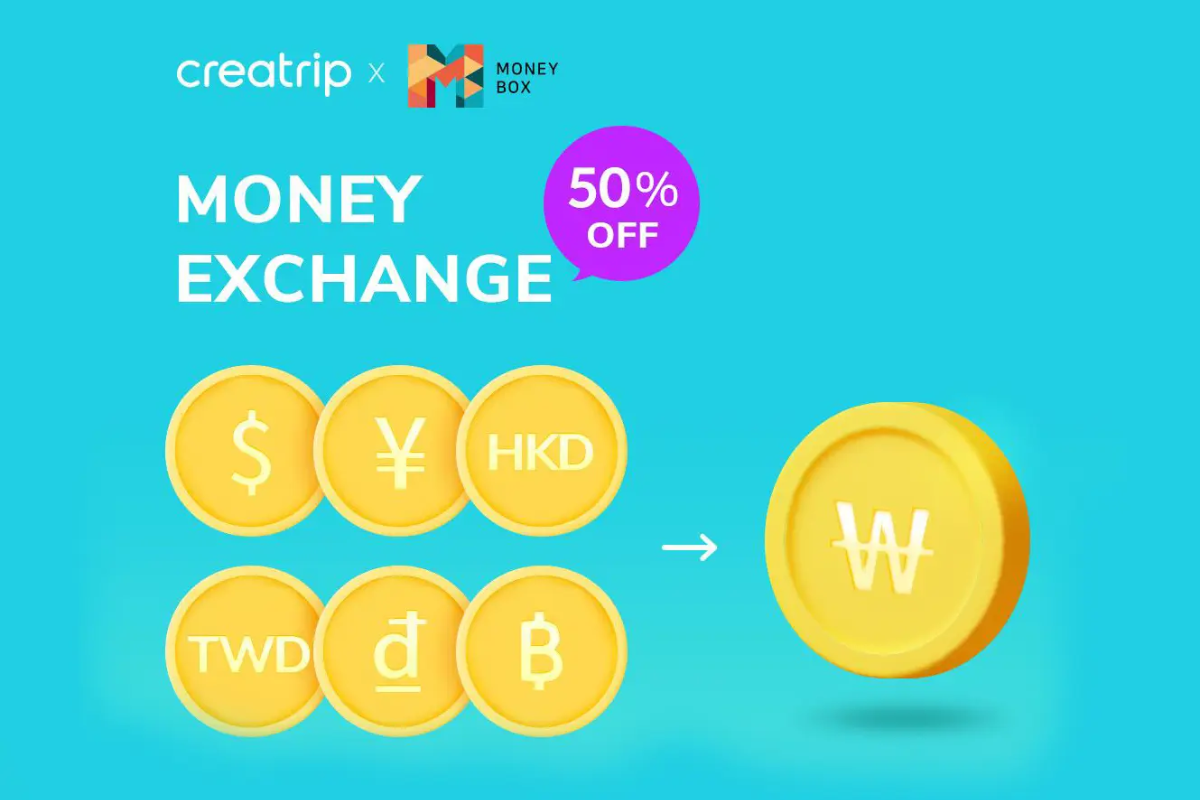 Promotional image highlighting a 50% discount on currency exchange fees for various currencies at Creatrip and Money Box partnership.