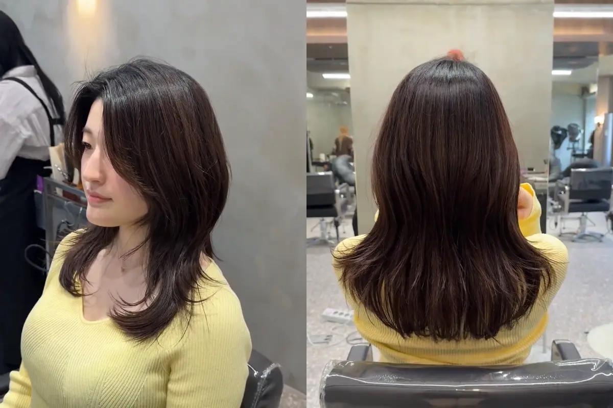 Before-and-after salon photo collage showing a client in a yellow sweater: left profile with layered shoulder-length cut and soft face-framing layers, right rear view displaying smooth, slightly layered mid-length hair and healthy shine.