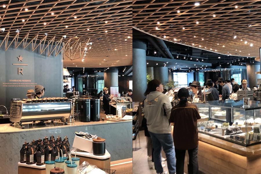 two images of starbucks reserve jongno tower drink (with espresso machine) and food counters