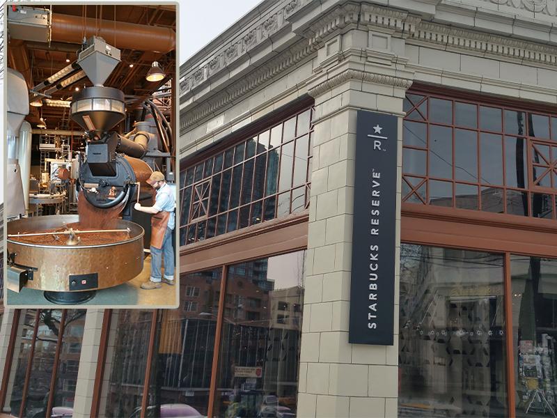 seattle starbucks reserve with insert photo of barista roasting coffee