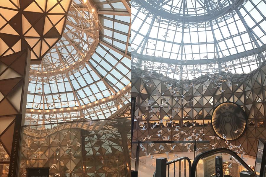 interior design of ceiling of starbucks reserve famille park in seoul with hanging birds