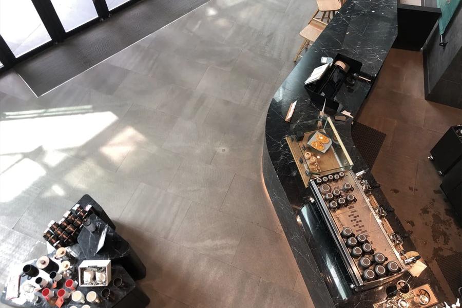 birds eye view of starbucks counter from staircase at jongno tower