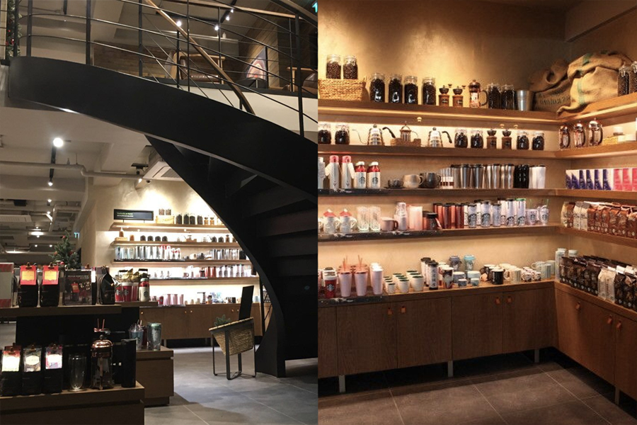 inside spiral staircase and products on shelves at starbucks cheongdam-dong
