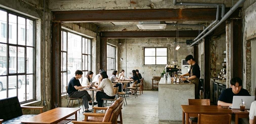 Interno di un café moderno di Seoul con pareti in cemento e arredi in legno, che illustra la cultura dei café e gli spazi sociali in Korea.