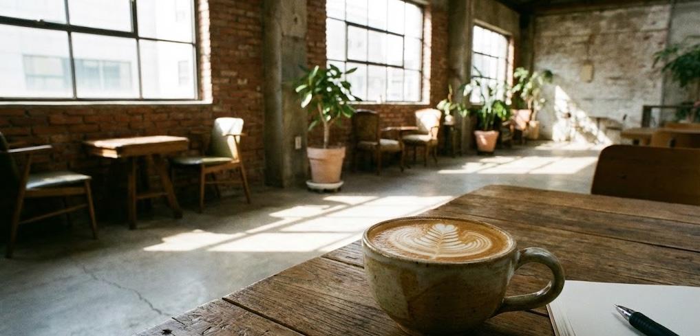 Industrial-style café with large windows, brick walls, and latte art on a wooden table, showcasing the trendy café scene in Seongsu-dong.