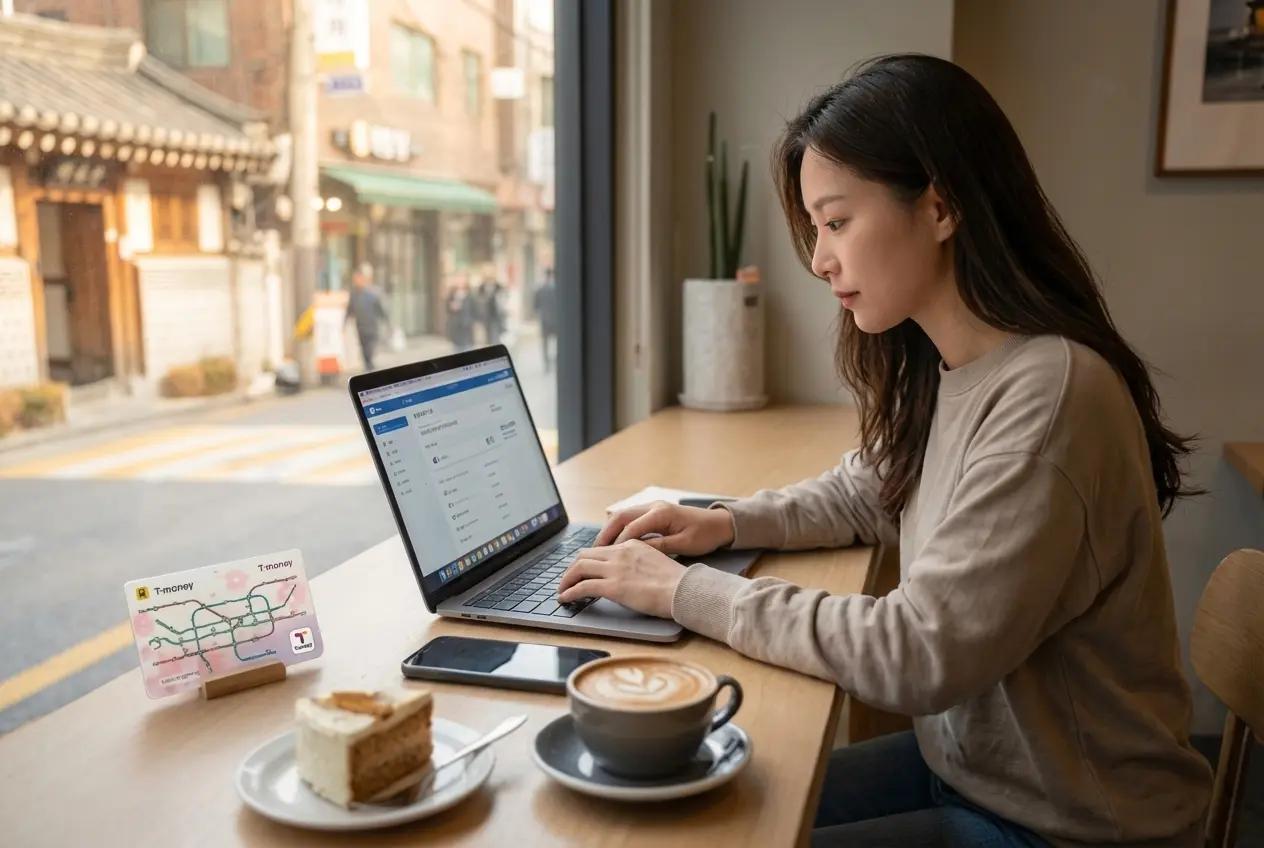 Digital nomad working remotely on laptop at a cozy Seoul cafe with T-money card