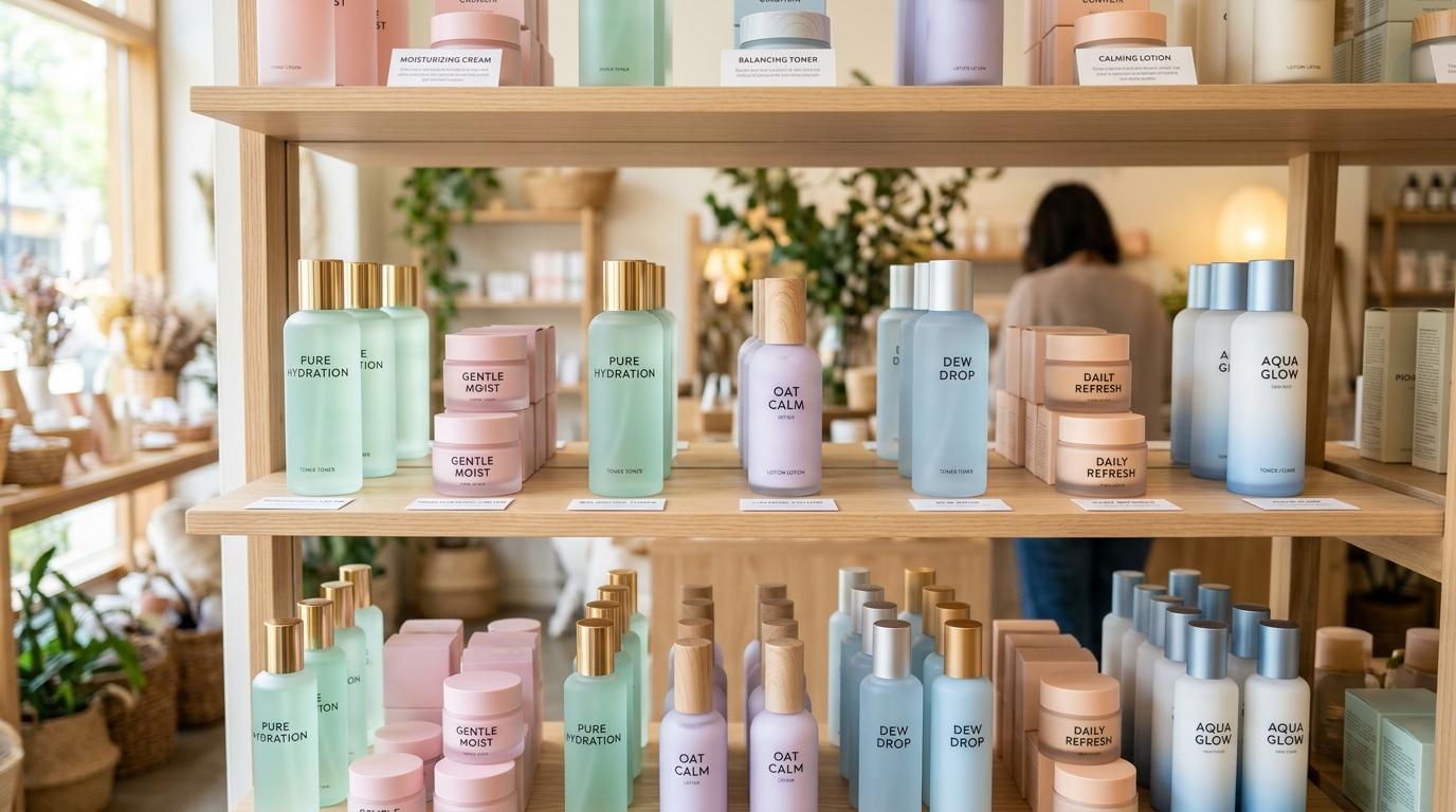 Bright photorealistic lineup of gentle Korean skincare creams and toners on tidy store shelves, soft pastel packaging, no Korean text
