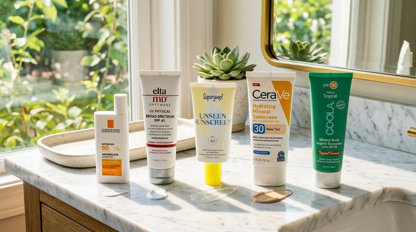 Photorealistic sunscreen lineup with mineral cream and lightweight lotion textures on a sunny vanity, vibrant daylight, no Korean text