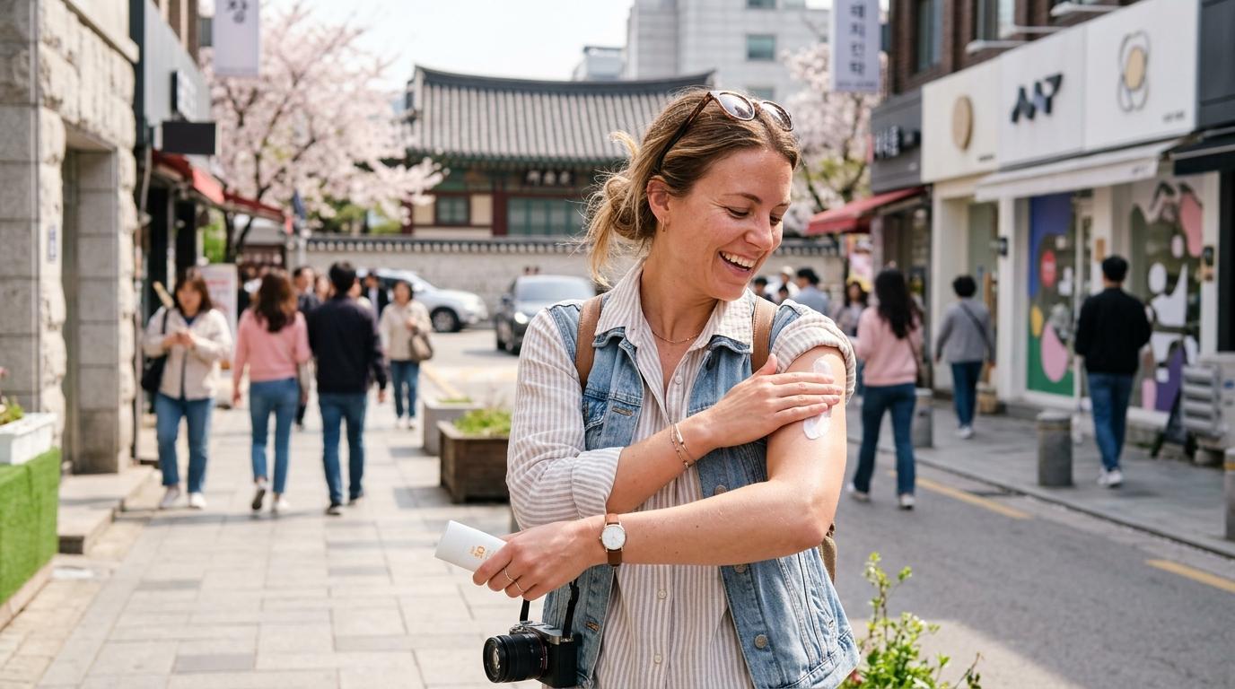 Bright photorealistic traveler applying sunscreen on a Seoul street, natural skin texture, soft spring light, no Korean text