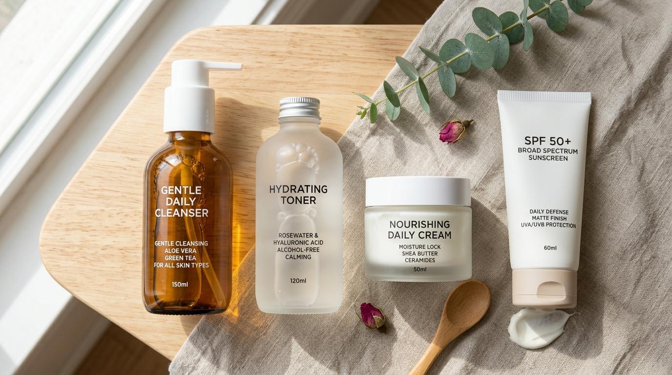 Bright photorealistic flat lay of gentle cleanser, toner, cream, and sunscreen arranged from thin to thick textures, natural daylight, no Korean text