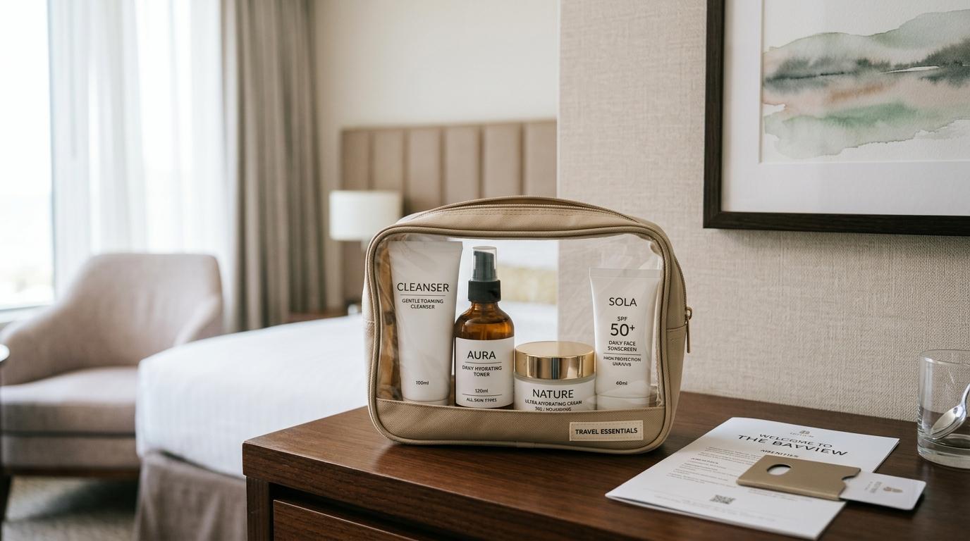 Bright photorealistic travel pouch packed with cleanser, toner, cream, and sunscreen in a hotel room, no Korean text