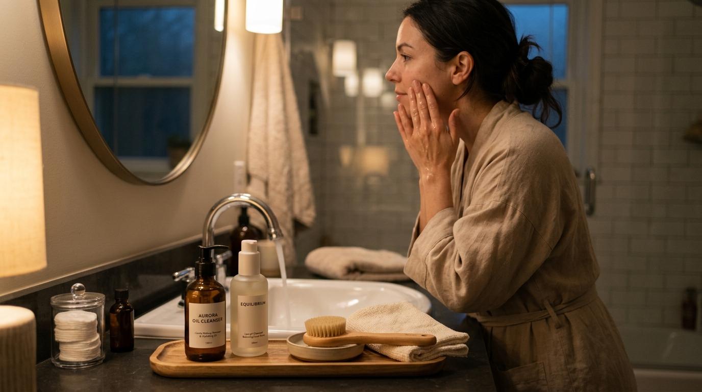 Photorealistic evening skincare scene with cleansing oil and a low-pH cleanser beside a sink, soft towels, calm lighting, no Korean text