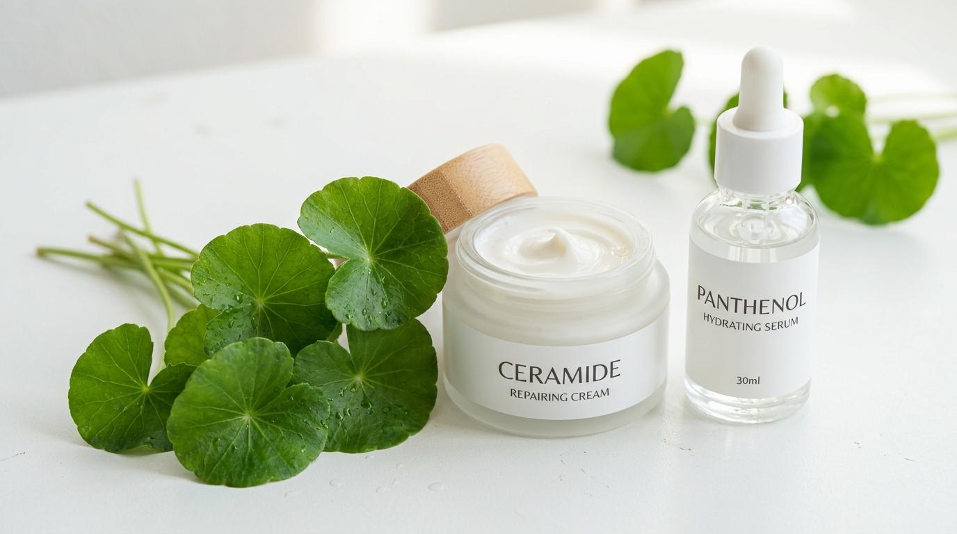 Bright photorealistic close-up of centella leaves, ceramide cream, and panthenol serum on a white surface, clean editorial style, no Korean text