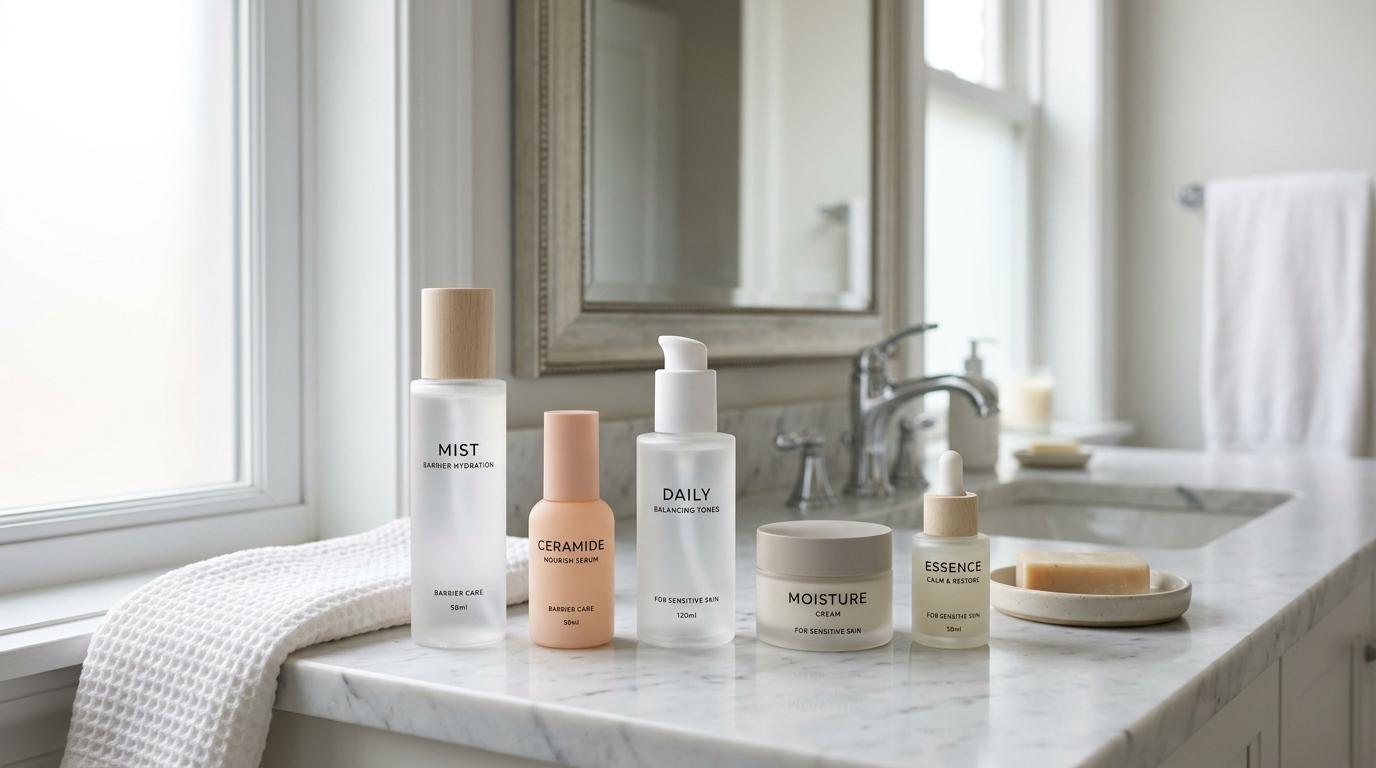 Bright photorealistic Korean skincare bottles on a clean hotel bathroom counter, soft morning light, pastel packaging, minimalist barrier-care mood, no Korean t