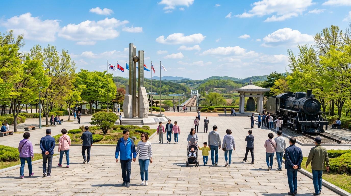 Bright photorealistic view of Imjingak Peace Park, open plaza, memorial sculptures, travelers walking, blue sky, crisp spring light, vibrant colors, no Korean t