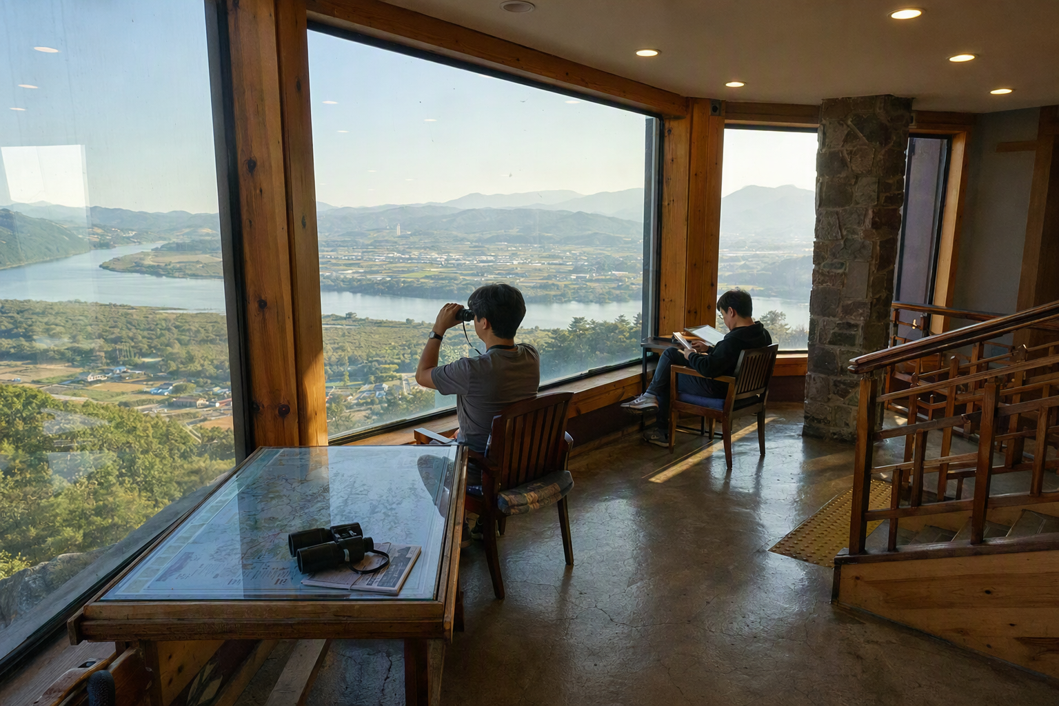 Photorealistic peaceful observatory overlooking river and distant border villages, wide windows, soft sunlight, vibrant scenery, no Korean text