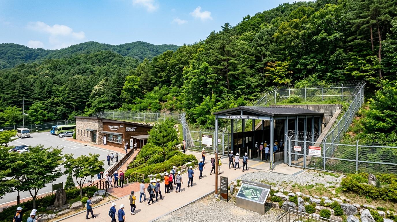 Photorealistic entrance area of the 3rd Tunnel site in Paju, forested hillside, security fencing, tour pathway, bright clear weather, vivid colors, no Korean te