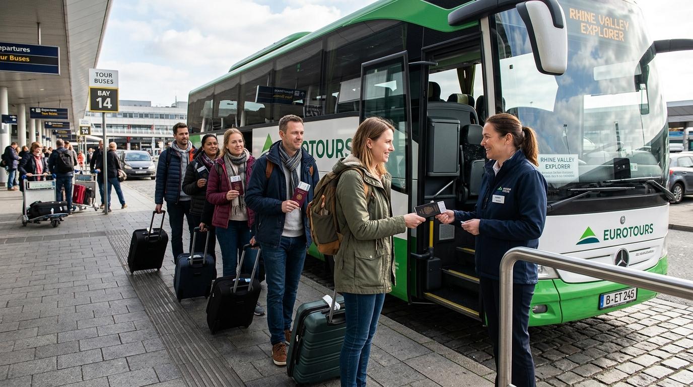 Bright photorealistic travelers showing passports before boarding a tour bus, organized morning departure scene, clear light, realistic details, no Korean text