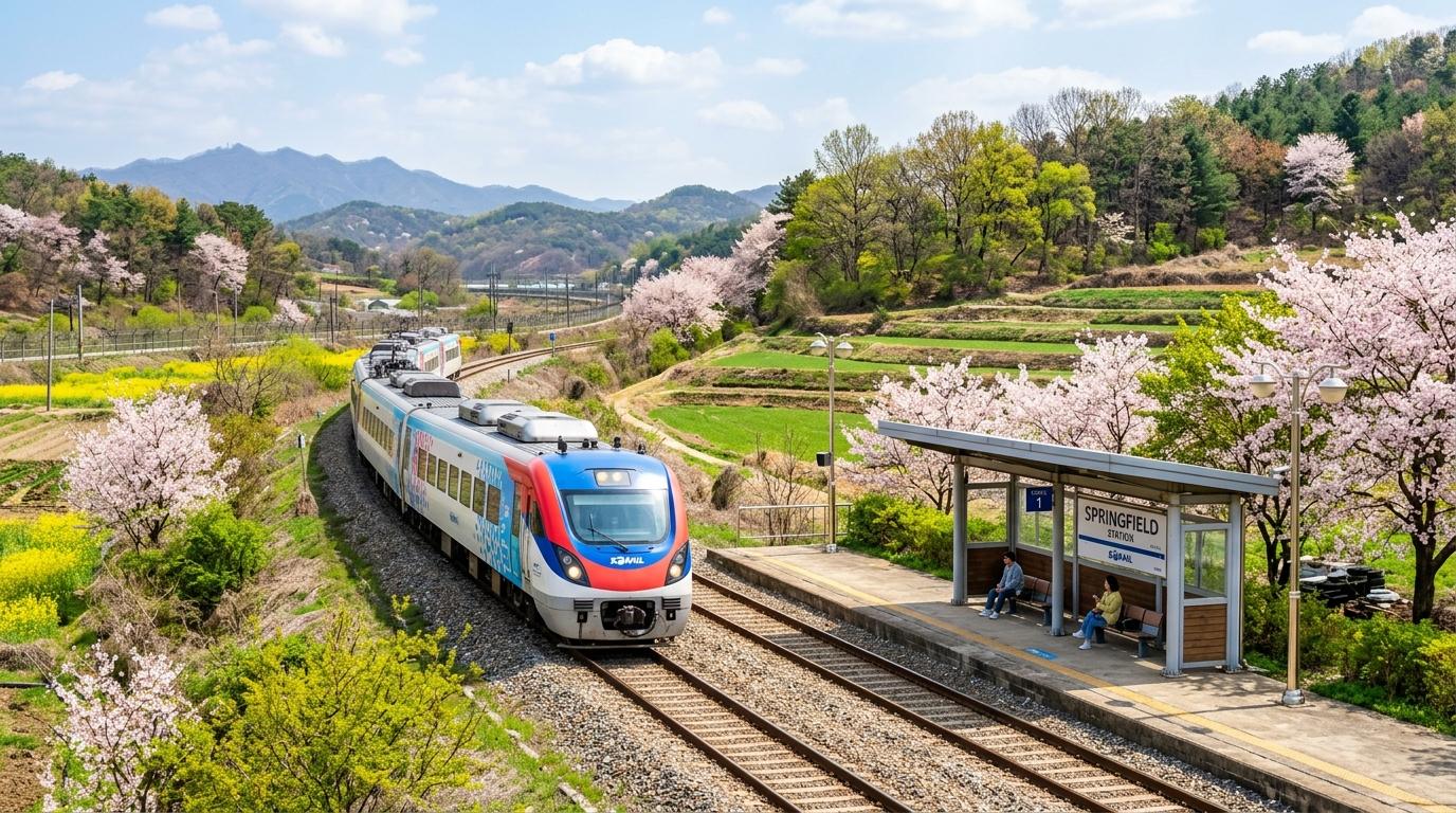 Bright photorealistic train approaching a rural Korean station near the border, clean modern cars, spring landscape, vivid colors, no Korean text