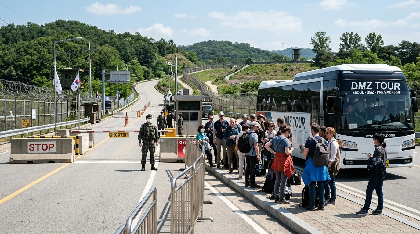 Photorealistic DMZ tour bus near a controlled checkpoint road, travelers waiting, security barriers, sunny day, realistic travel scene, no Korean text