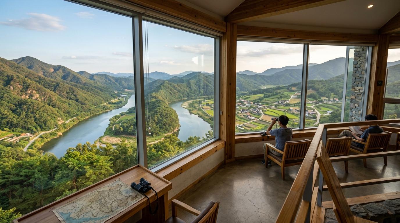 Photorealistic peaceful observatory overlooking river and distant border villages, wide windows, soft sunlight, vibrant scenery, no Korean text
