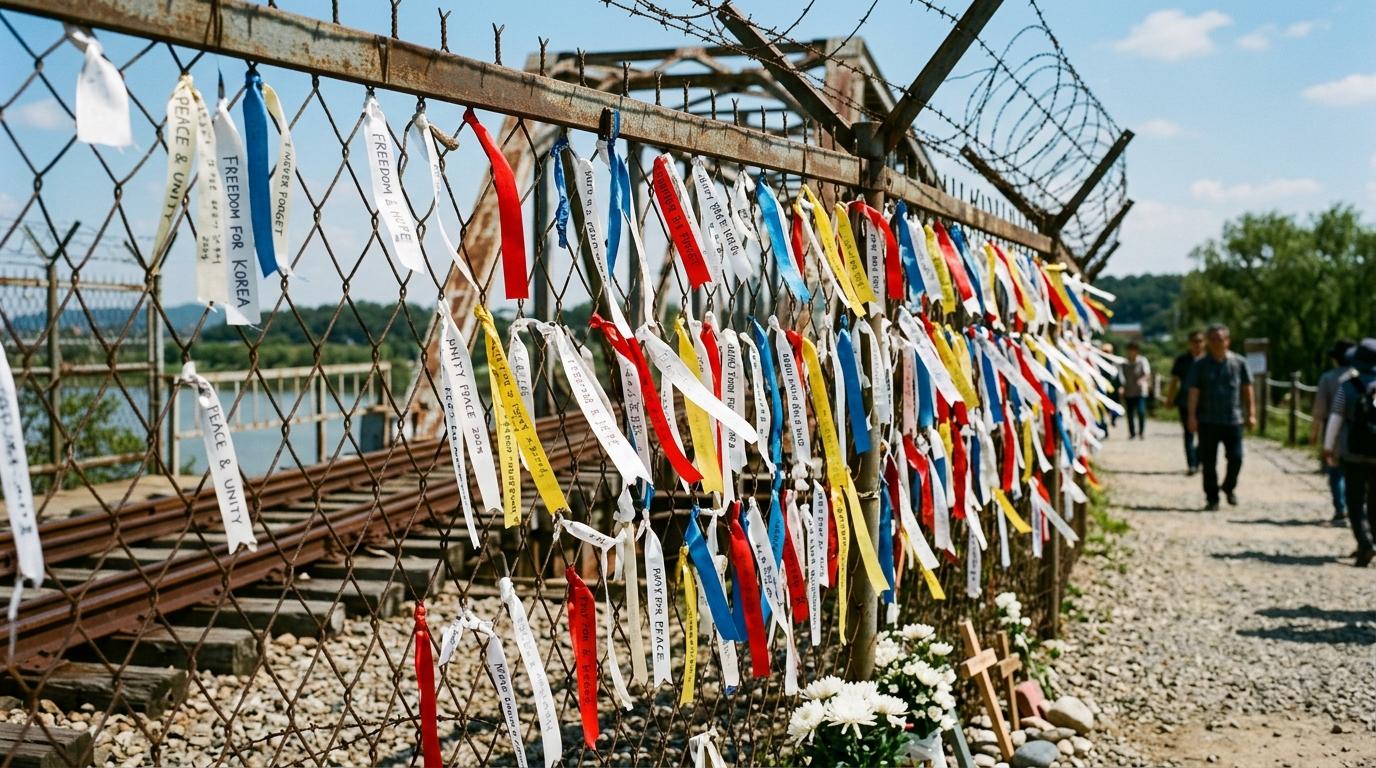 Photorealistic close view of Freedom Bridge area with memorial ribbons and fencing, solemn atmosphere, vivid daylight, realistic textures, no Korean text