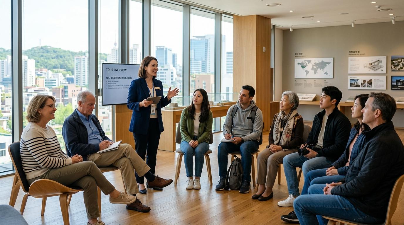 Photorealistic small group listening to a speaker in a modern tour room, attentive travelers, respectful atmosphere, bright natural light, no Korean text