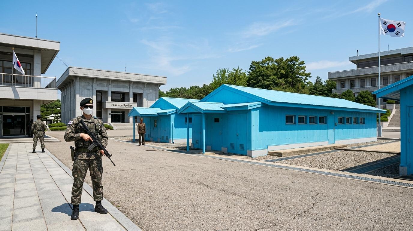 Photorealistic view of Panmunjom blue conference buildings from the South Korean side, soldiers standing guard, bright sky, crisp details, no Korean text