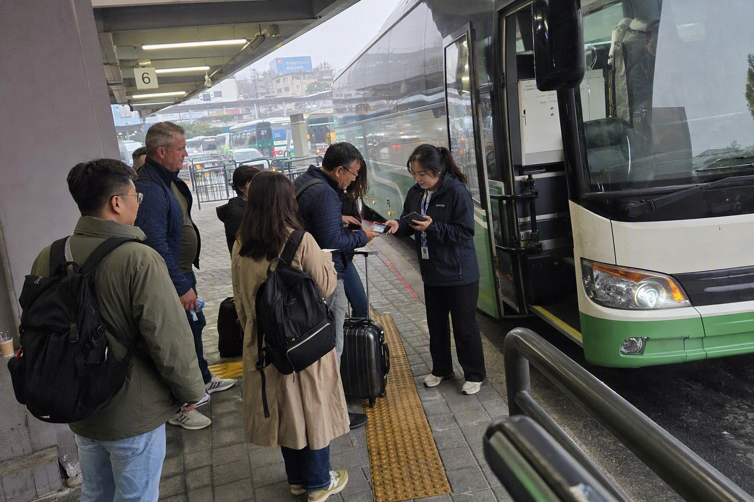 Bright photorealistic travelers showing passports before boarding a tour bus, organized morning departure scene, clear light, realistic details, no Korean text