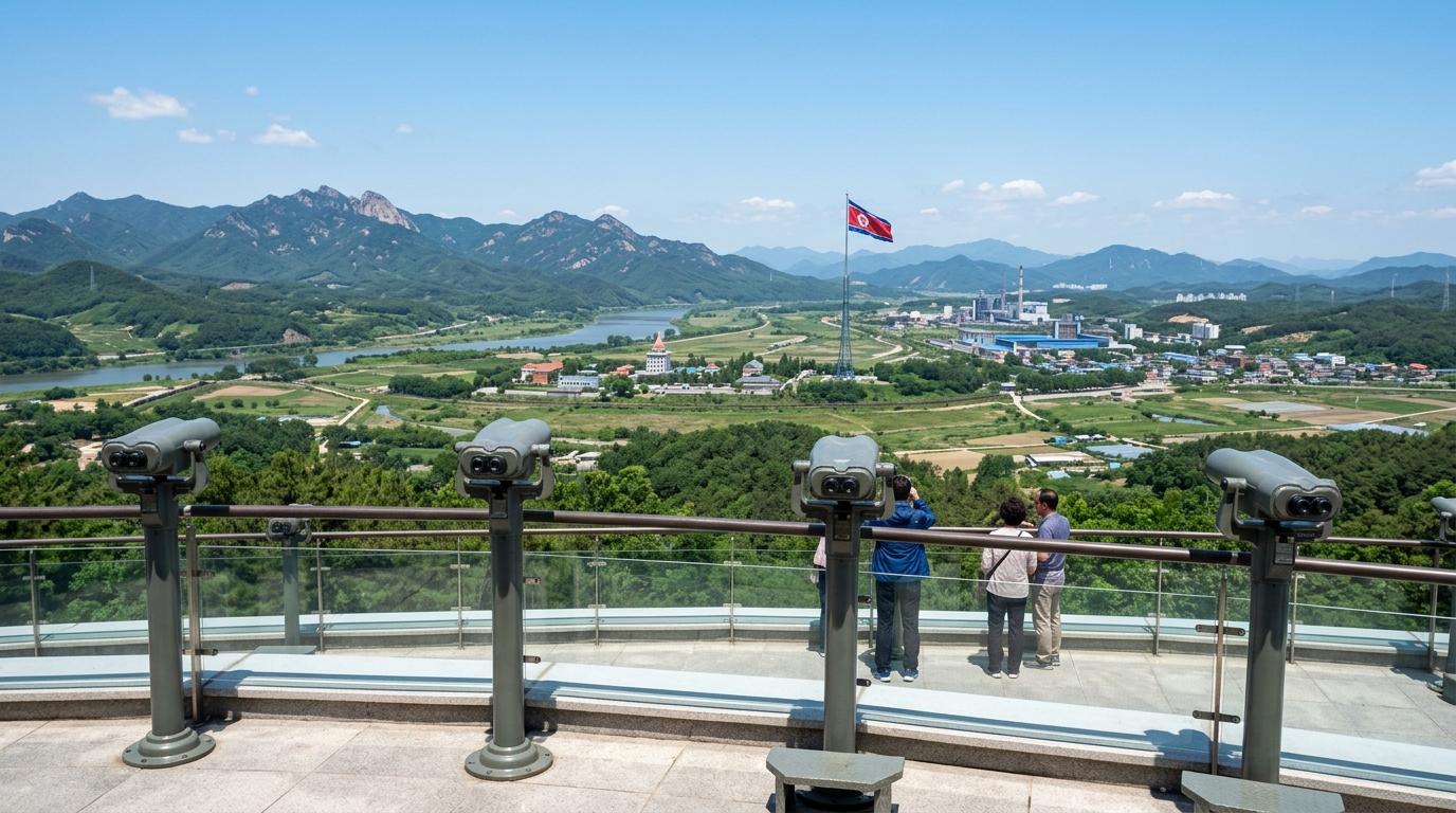 Bright photorealistic view from Dora Observatory, binocular stands facing distant North Korean landscape, clear visibility, vibrant daylight, no Korean text