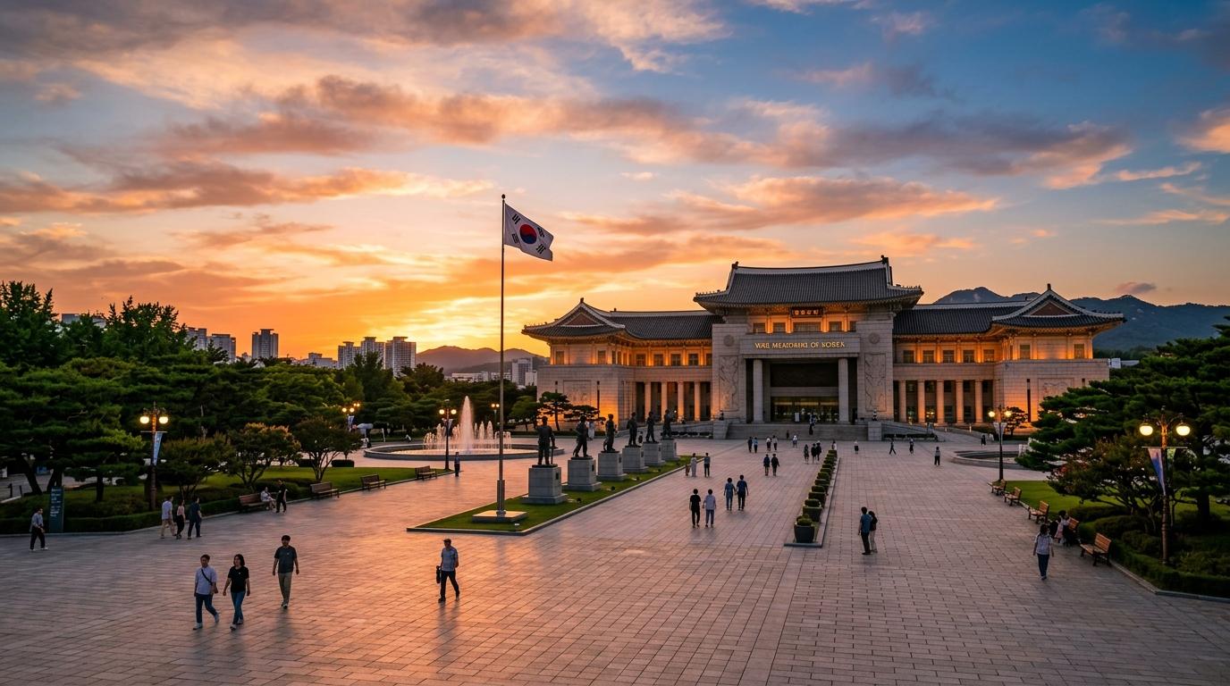 Bright photorealistic sunset view of the War Memorial of Korea plaza, warm light on stone architecture, peaceful evening sky, no Korean text