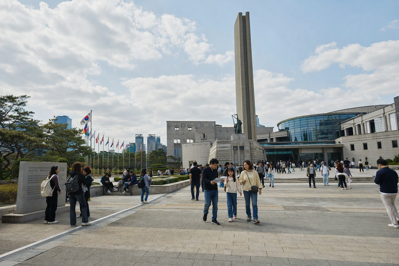 Bright photorealistic mix of international travelers and families exploring a large memorial museum, open plaza, sunny day, no Korean text