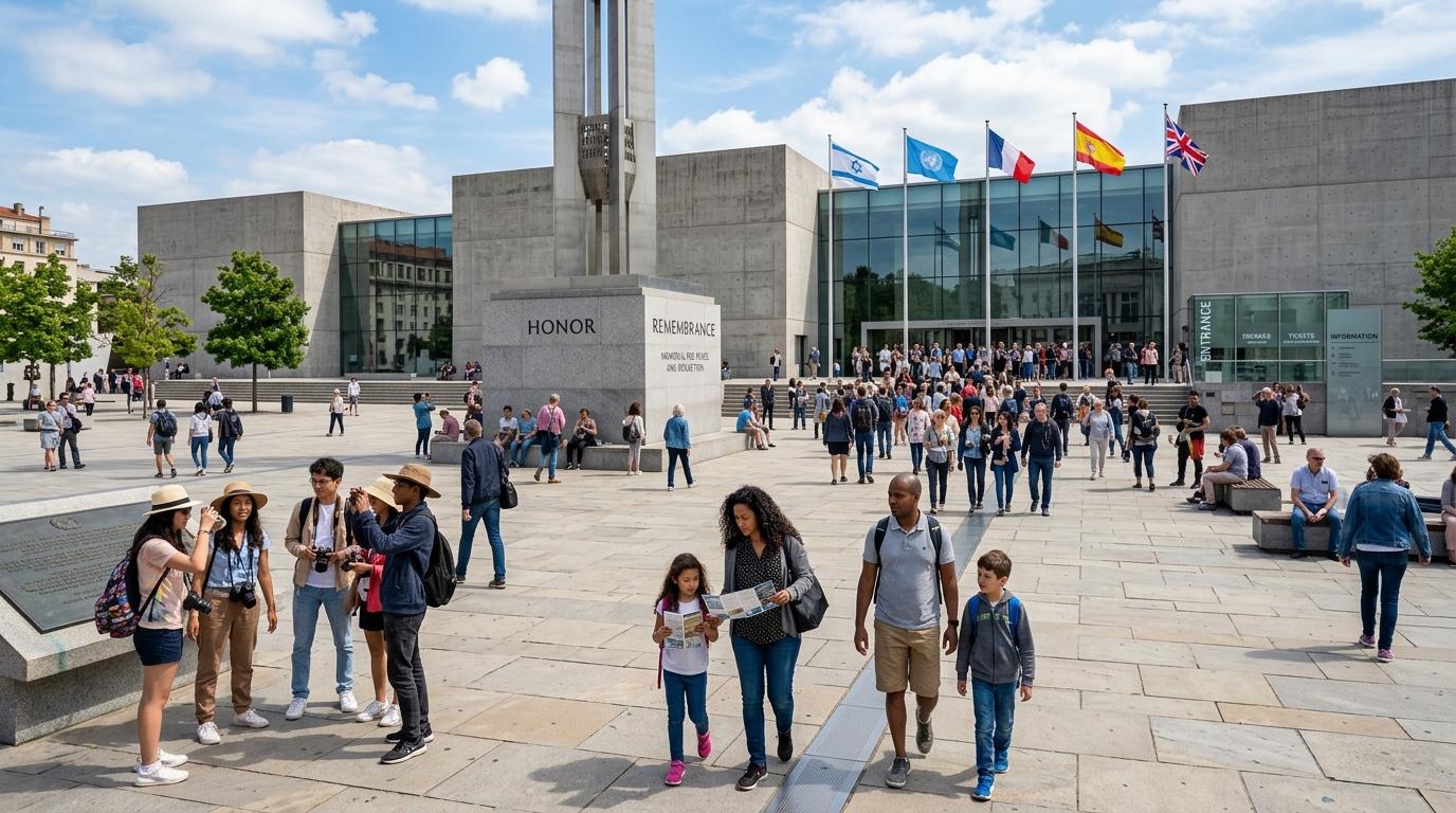Bright photorealistic mix of international travelers and families exploring a large memorial museum, open plaza, sunny day, no Korean text