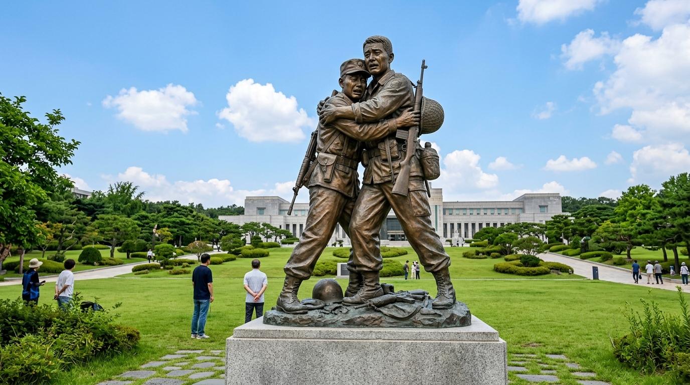 Bright photorealistic Statue of Brothers at the War Memorial, emotional embrace sculpture, blue sky, green lawns, no Korean text