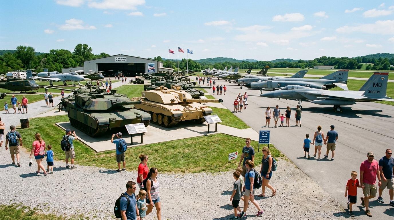 Bright photorealistic outdoor military display with tanks and aircraft, expansive museum grounds, vivid daylight, families exploring, no Korean text
