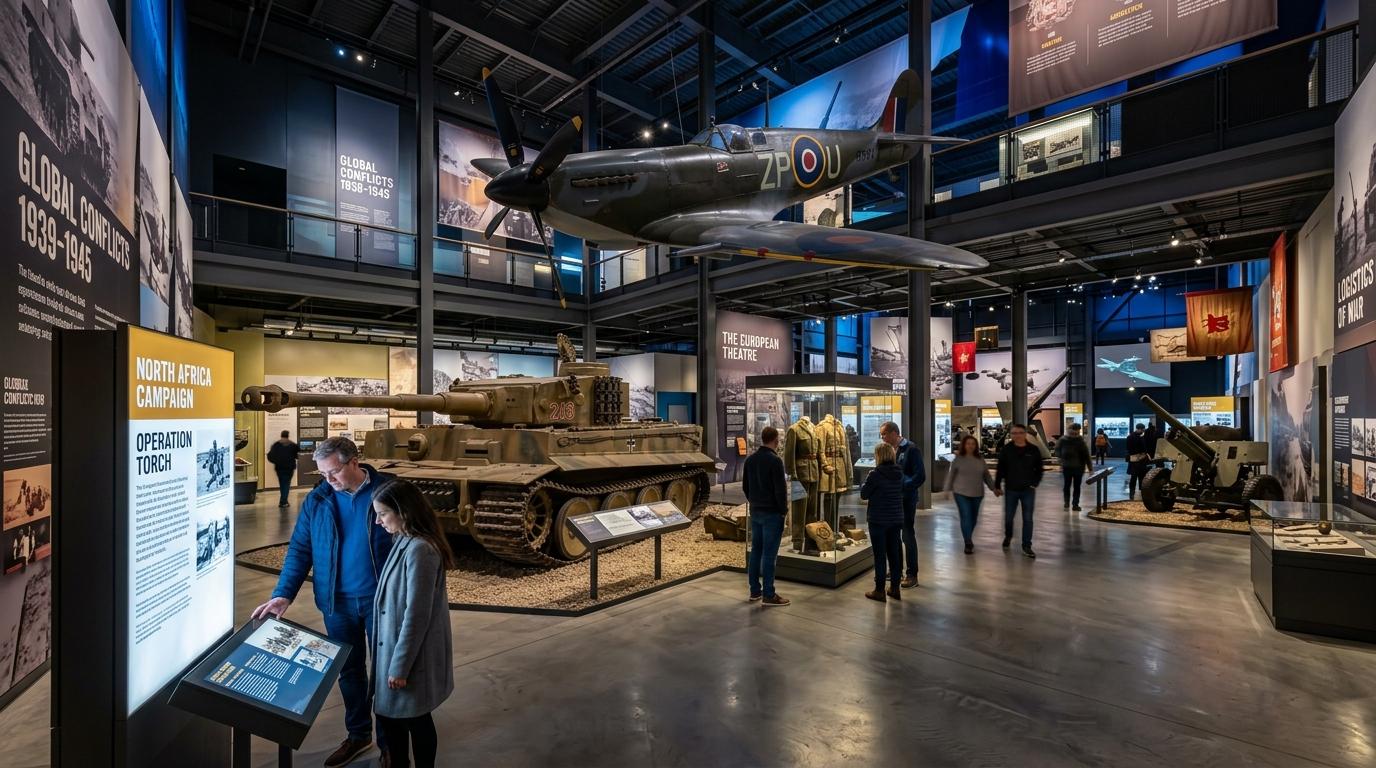 Bright photorealistic interior of a modern war history museum, dramatic lighting, large artifacts, visitors reading exhibits, no Korean text