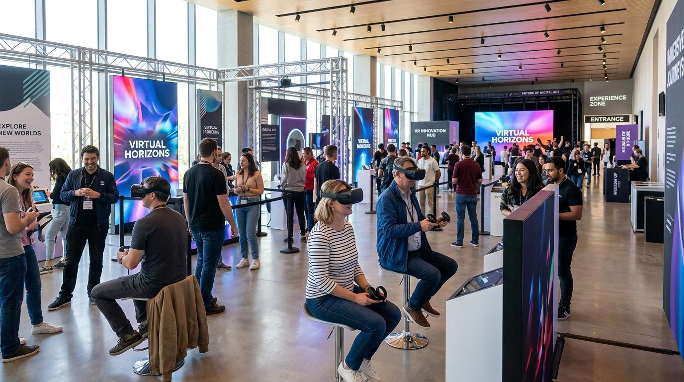 Bright photorealistic museum event space with visitors trying VR headsets, modern exhibition design, bright lighting, no Korean text