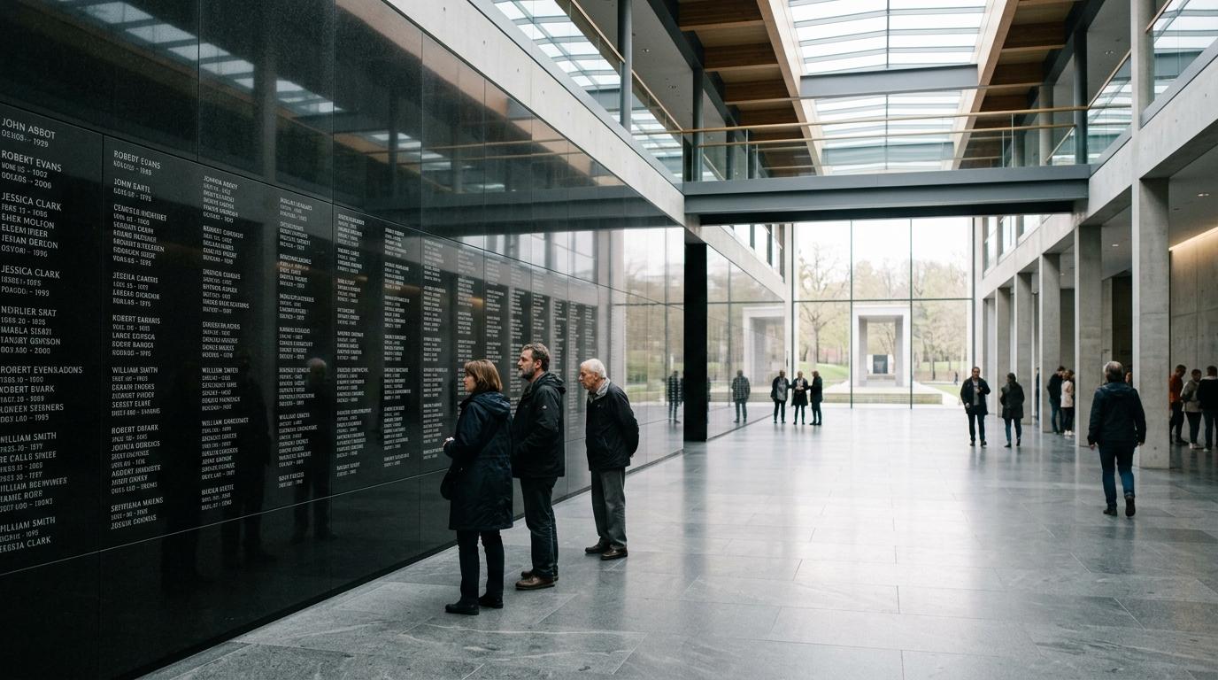Bright photorealistic memorial hall with black stone name walls, soft light, respectful atmosphere, visitors standing quietly, no Korean text