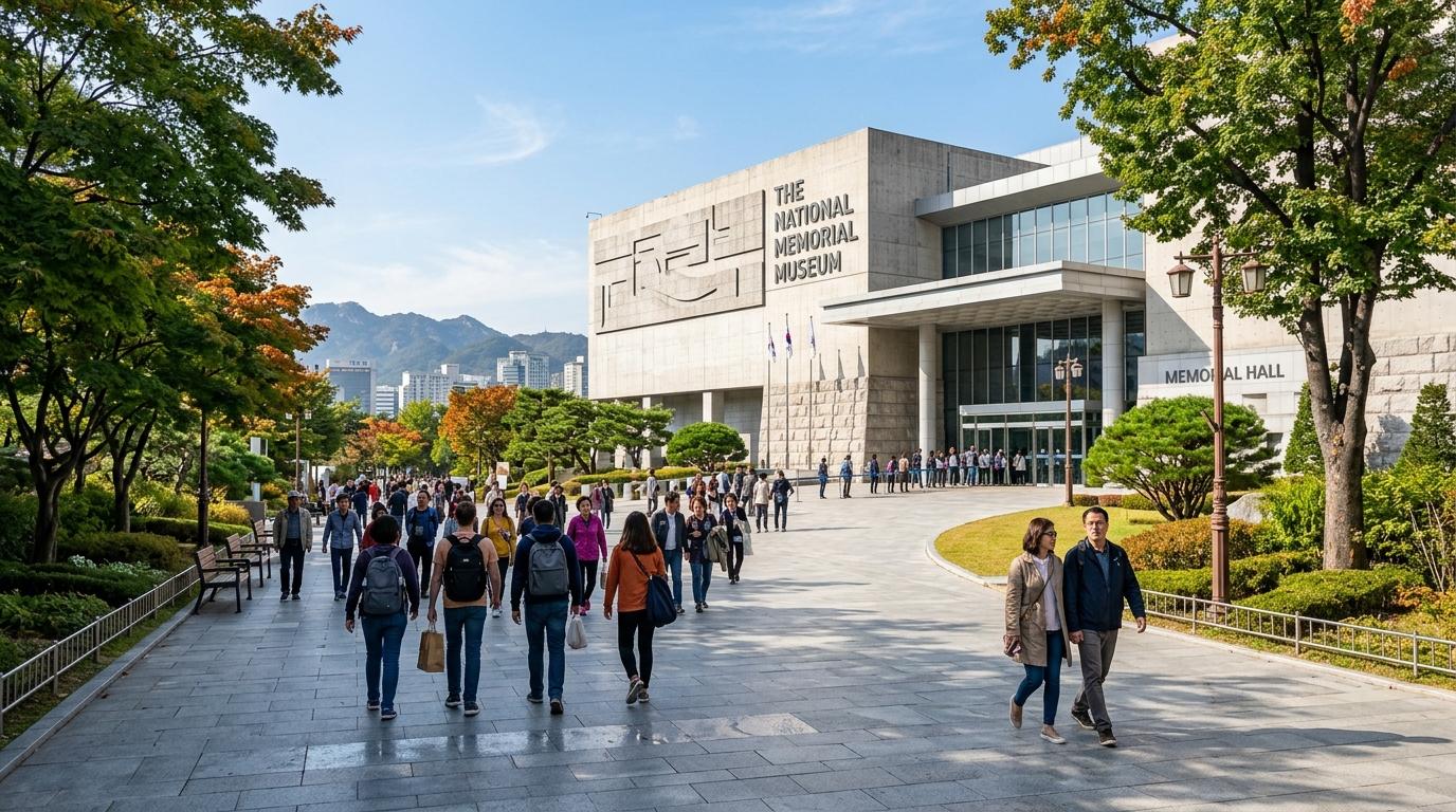 Bright photorealistic entrance walkway to a large memorial museum in Seoul, clean stone path, trees, clear weather, international visitors, no Korean text