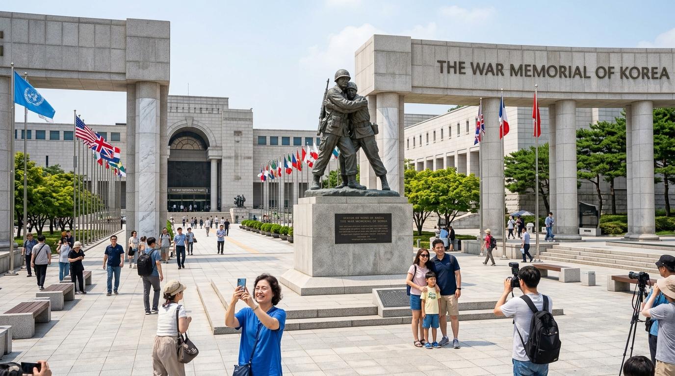 Bright photorealistic view of the memorial plaza and Statue of Brothers, dramatic stone architecture, summer light, visitors taking photos, no Korean text