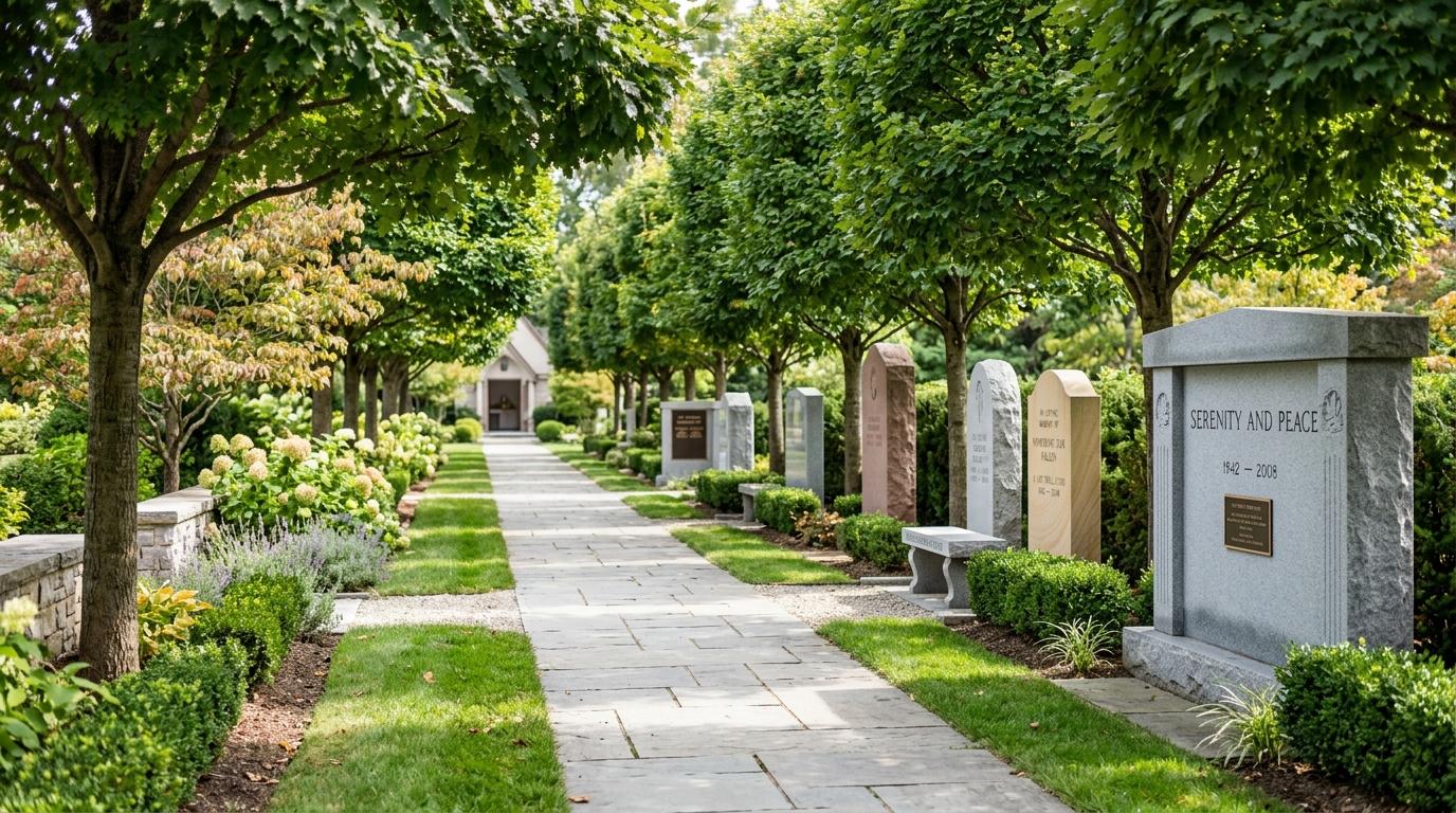 Bright photorealistic quiet memorial walkway with stone monuments, trimmed trees, peaceful mood, no Korean text