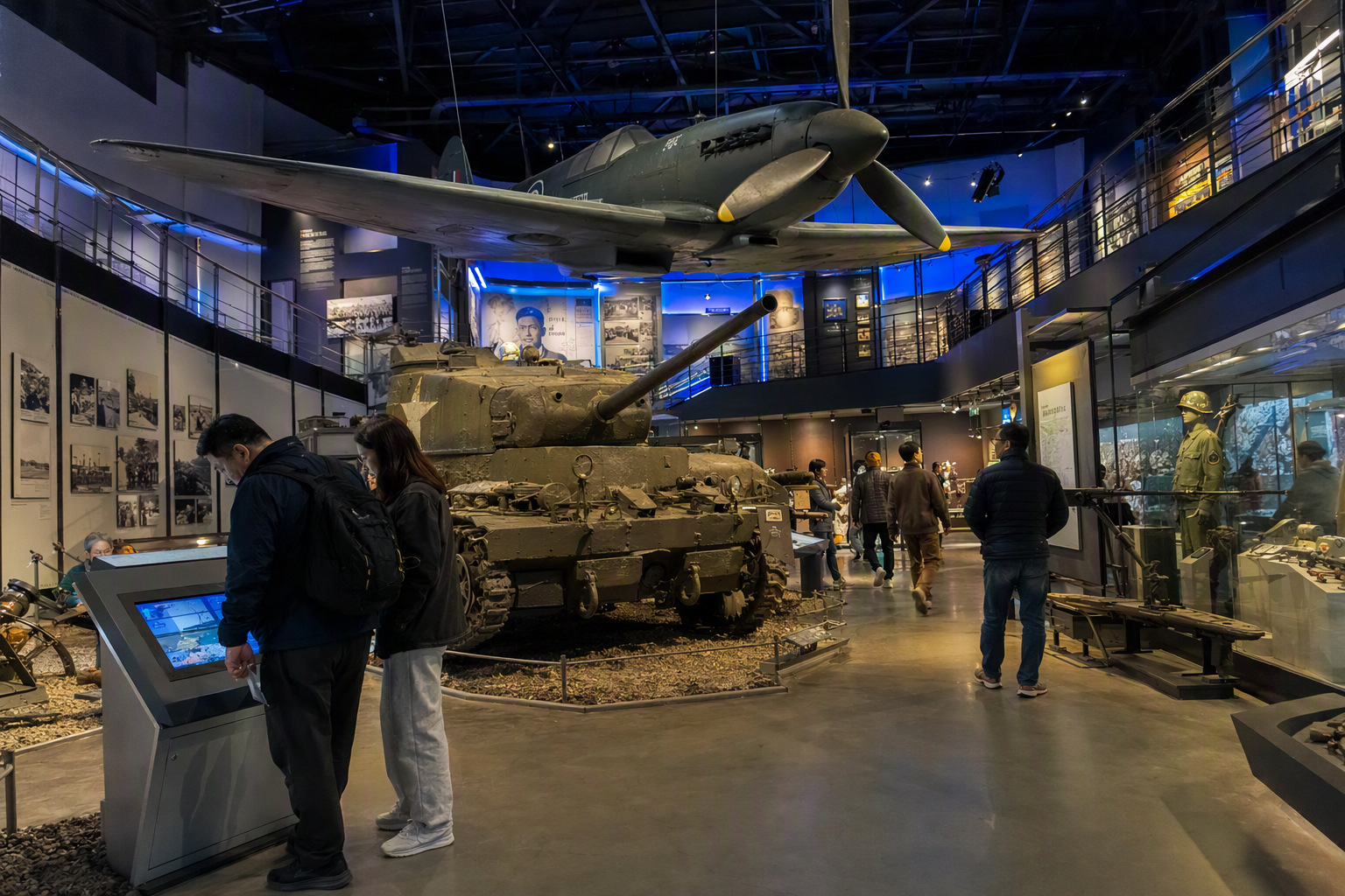 Bright photorealistic interior of a modern war history museum, dramatic lighting, large artifacts, visitors reading exhibits, no Korean text