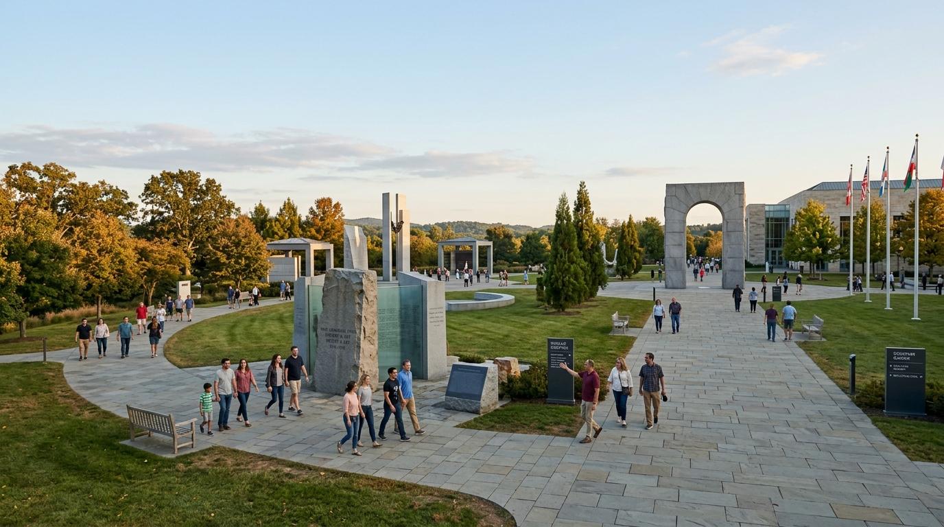 Bright photorealistic wide museum grounds in late afternoon, visitors walking between exhibits, calm sky, spacious memorial atmosphere, no Korean text