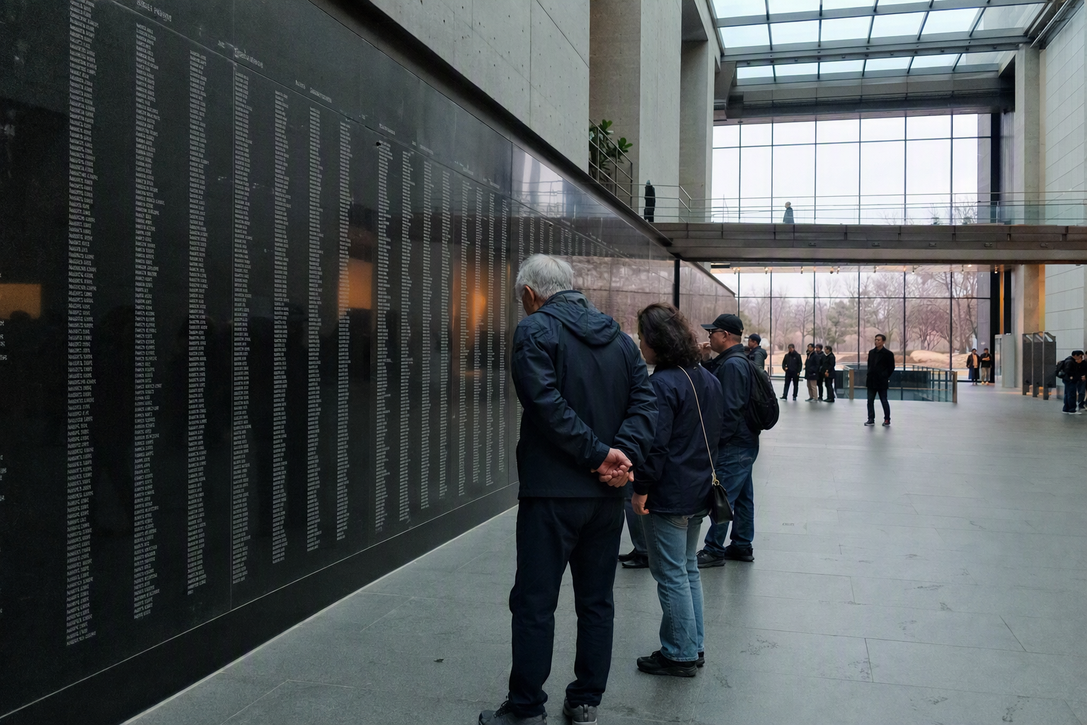 Bright photorealistic memorial hall with black stone name walls, soft light, respectful atmosphere, visitors standing quietly, no Korean text
