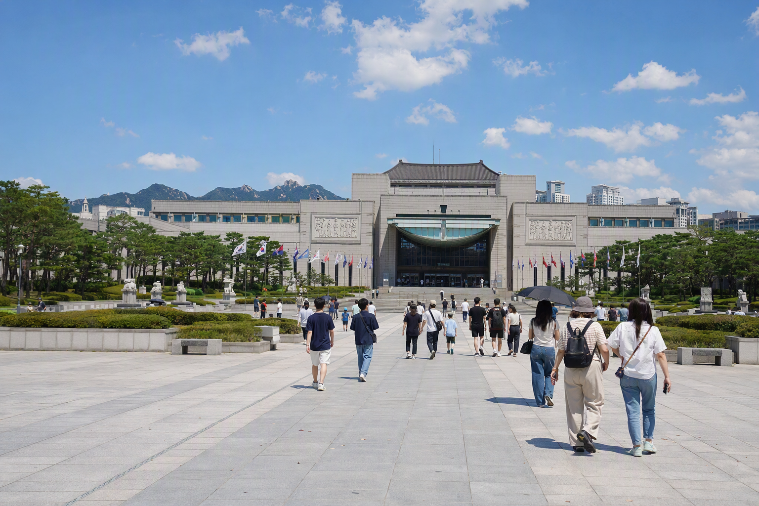 Bright photorealistic exterior of the War Memorial of Korea, monumental stone facade, wide plaza, blue sky, travelers walking, no Korean text