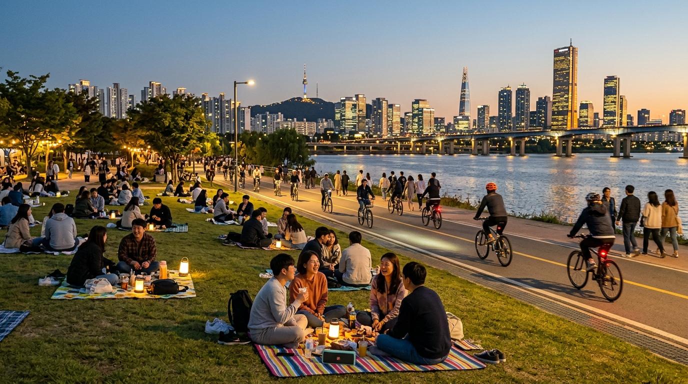 Bright, vibrant, photorealistic Han River park at dusk, picnic blankets, cyclists, glowing skyline across the water, relaxed local atmosphere, no Korean text