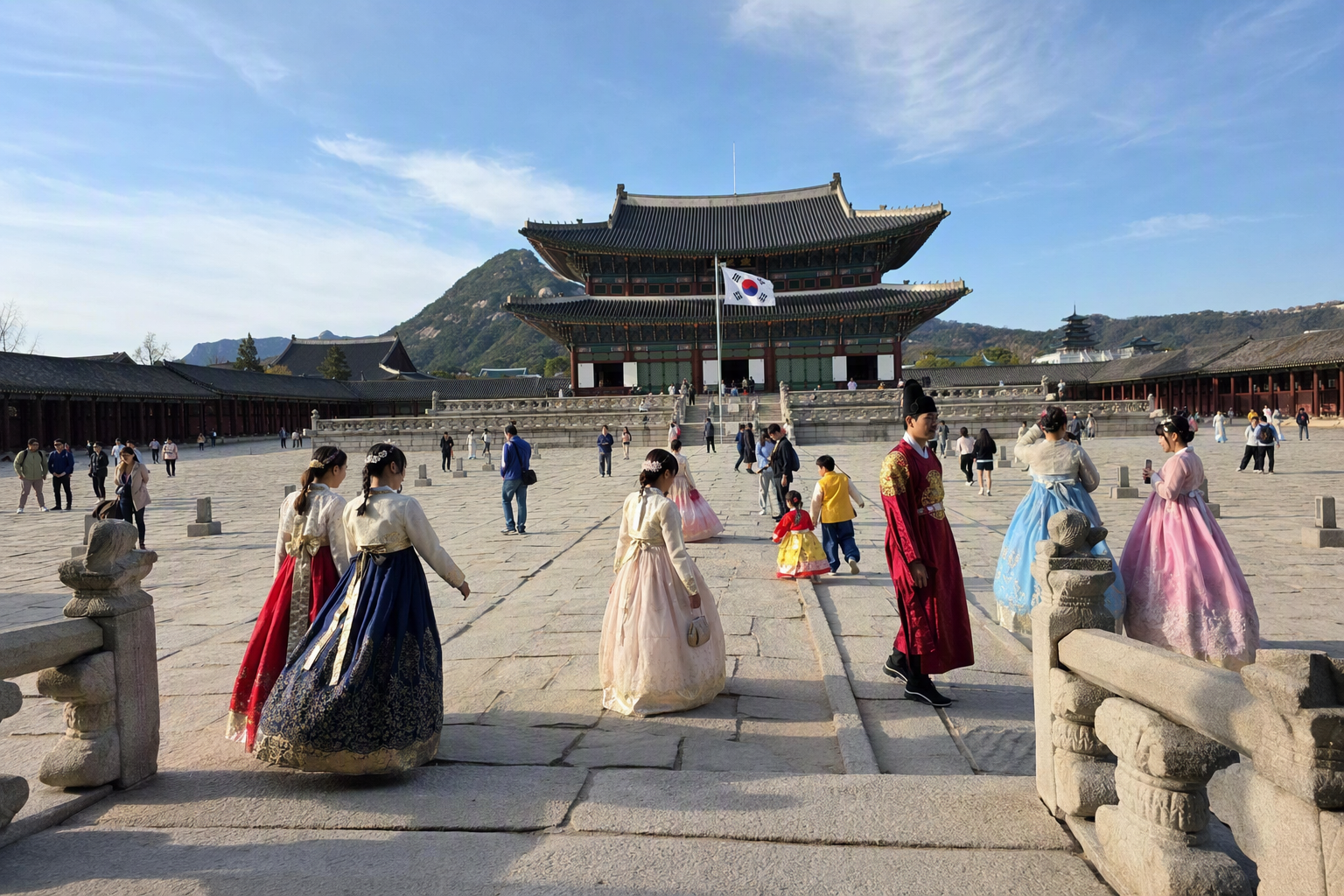 Bright, vibrant, photorealistic view of Gyeongbokgung palace courtyard in clear daylight, visitors in colorful hanbok, mountains beyond the rooftops, elegant tr